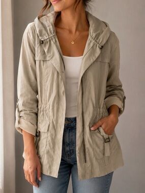 Chico's Lightweight Hooded Utility Jacket in Taupe